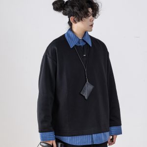 Men's Retro Striped Color-Block Fake Two-Piece Sweatshirt with V-Neck Design - Loose Fit, Versatile Style for 90s and Y2K Inspired Looks