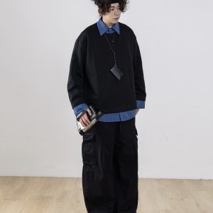 Men's Retro Striped Color-Block Fake Two-Piece Sweatshirt with V-Neck Design - Loose Fit, Versatile Style for 90s and Y2K Inspired Looks