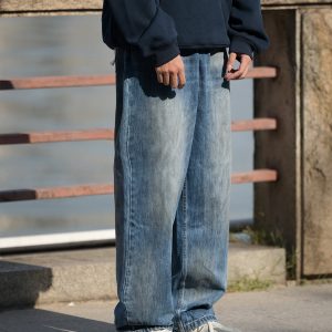 Men's Retro Washed Gradient Light Blue Jeans - Straight Loose Fit for Autumn - Casual 90s Style Long Pants