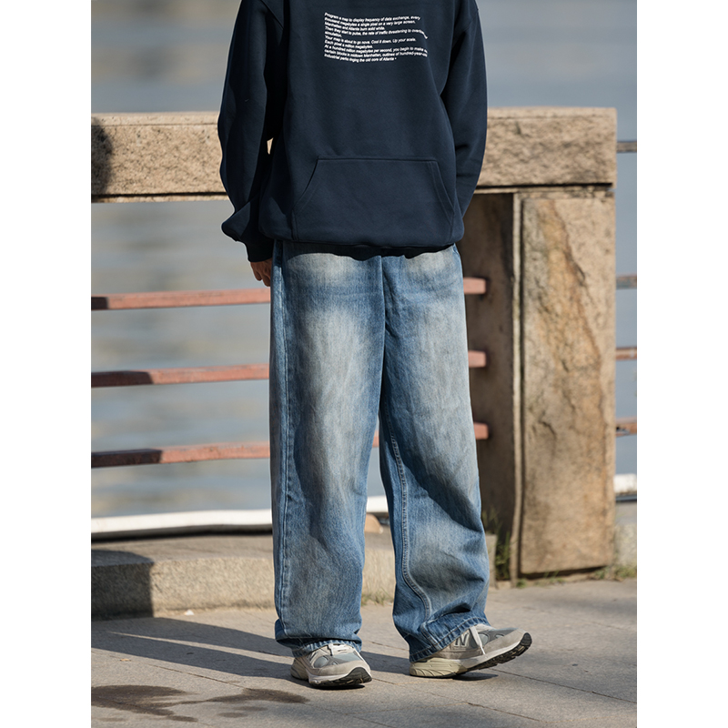 Men's Retro Washed Gradient Light Blue Jeans - Straight Loose Fit for Autumn - Casual 90s Style Long Pants