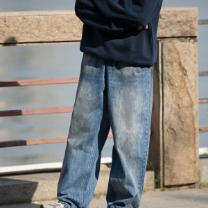 Men's Retro Washed Gradient Light Blue Jeans - Straight Loose Fit for Autumn - Casual 90s Style Long Pants