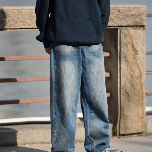 Men's Retro Washed Gradient Light Blue Jeans - Straight Loose Fit for Autumn - Casual 90s Style Long Pants