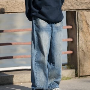 Men's Retro Washed Gradient Light Blue Jeans - Straight Loose Fit for Autumn - Casual 90s Style Long Pants