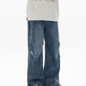 Men's Retro Washed Ripped Jeans with Monkey Hole Detail - Straight Wide-Leg Long Pants, Niche Design for 90s and Y2K Style