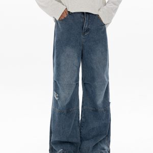 Men's Retro Washed Ripped Jeans with Monkey Hole Detail - Straight Wide-Leg Long Pants, Niche Design for 90s and Y2K Style