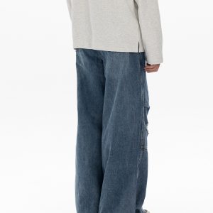 Men's Retro Washed Ripped Jeans with Monkey Hole Detail - Straight Wide-Leg Long Pants, Niche Design for 90s and Y2K Style