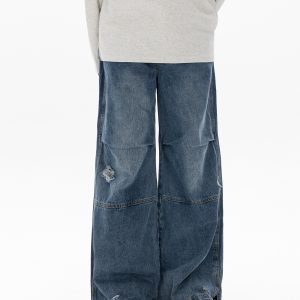 Men's Retro Washed Ripped Jeans with Monkey Hole Detail - Straight Wide-Leg Long Pants, Niche Design for 90s and Y2K Style