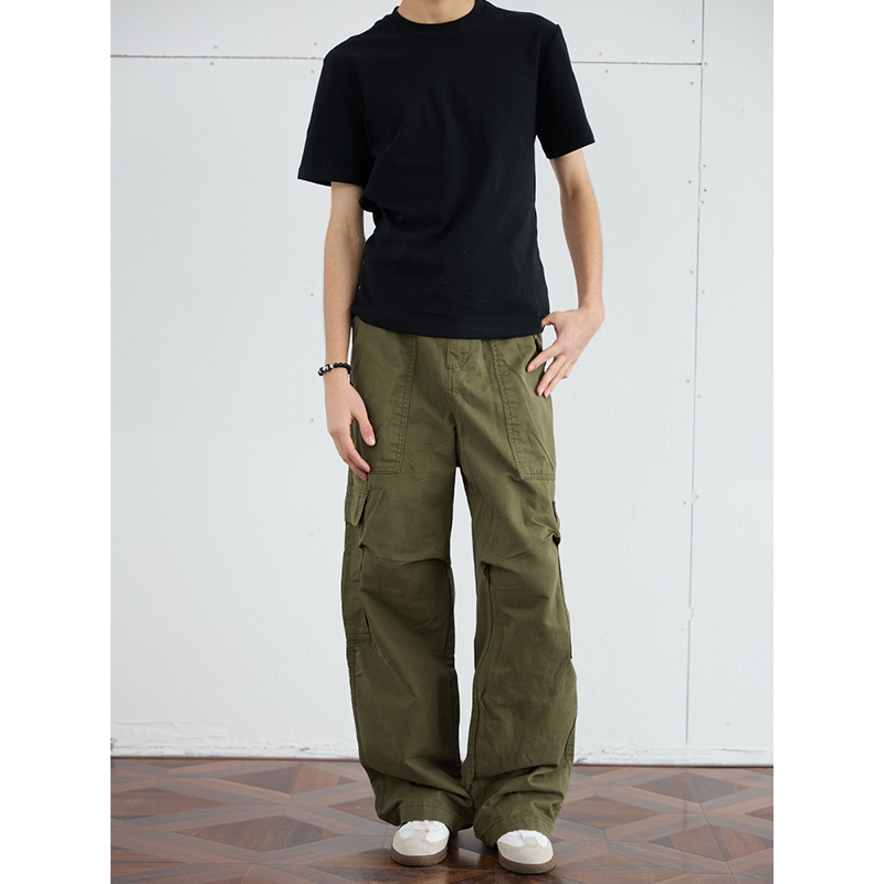 Men's Retro Wide-Leg Pleated Casual Pants with Large Pockets - Loose Straight American Style Trousers