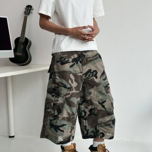 Men's Ripped Camouflage Cargo Shorts with Patchwork Design, Straight Cut, Loose Fit - Trendy Streetwear for Casual Style