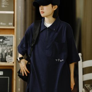 Men's Short Sleeve Polo Shirt with Zipper Design, Loose Fit Summer Top, Trendy Niche Style