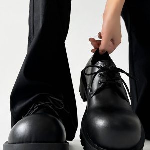 Men's Thick-Soled Derby Shoes, Height-Increasing Round-Toe Leather, Retro British Style with Pointed Mickey Design