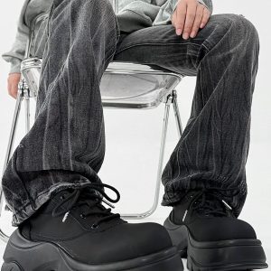 Men's Thick-Soled Derby Shoes, Matte Finish, Round Toe, Height-Increasing Platform, All-Black Sporty Dad Shoes, Trendy Footwear