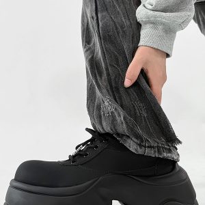 Men's Thick-Soled Derby Shoes, Matte Finish, Round Toe, Height-Increasing Platform, All-Black Sporty Dad Shoes, Trendy Footwear