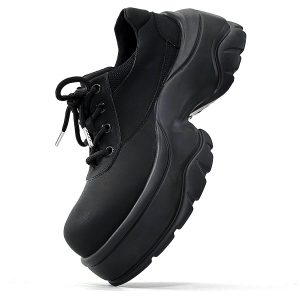 Men's Thick-Soled Derby Shoes, Matte Finish, Round Toe, Height-Increasing Platform, All-Black Sporty Dad Shoes, Trendy Footwear