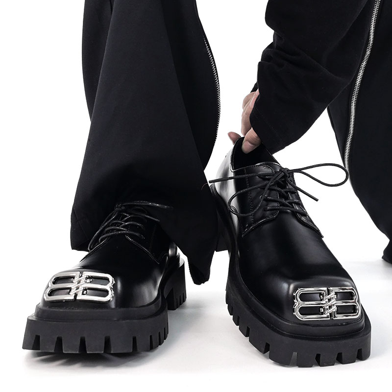 Men's Thick-Soled Height-Increasing Derby Shoes, Parisian Square Toe, Korean Style Genuine Leather, Trendy Niche Footwear