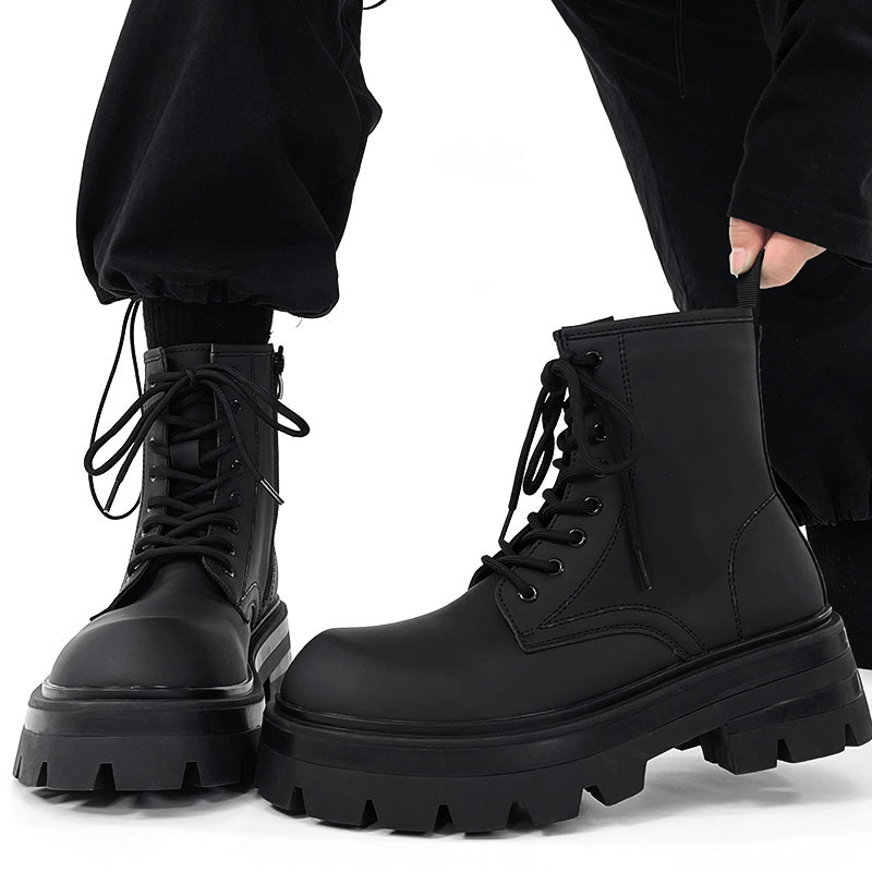 Men's Thick-Soled Height-Increasing Martin Boots, Trendy Zipper Motorcycle Style, British Genuine Leather High-Top Winter Work Boots