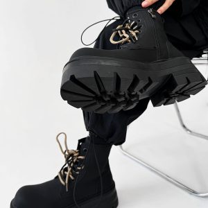 Men's Thick-Soled High-Top Martin Boots, Carbon Black American Derby Style, Winter Fleece Snow Boots, Motorcycle Boots for Women