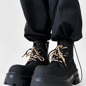 Men's Thick-Soled High-Top Martin Boots, Carbon Black American Derby Style, Winter Fleece Snow Boots, Motorcycle Boots for Women