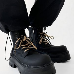 Men's Thick-Soled High-Top Martin Boots, Carbon Black American Derby Style, Winter Fleece Snow Boots, Motorcycle Boots for Women