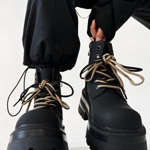 Men's Thick-Soled High-Top Martin Boots, Carbon Black American Derby Style, Winter Fleece Snow Boots, Motorcycle Boots for Women