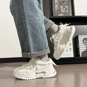 Men's Thick-Soled White Sneakers - Breathable Dad Shoes for Summer 2025 - Casual Sports Footwear, Trendy Retro Style