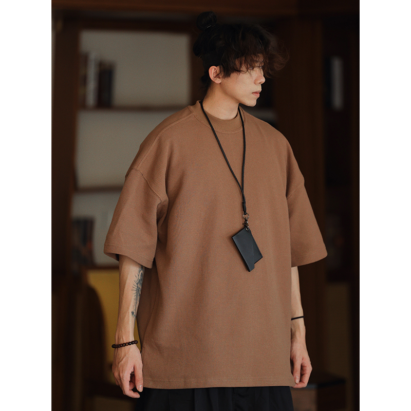 Men's Waffle Texture Loose Fit Solid Color Round Neck Short Sleeve T-shirt, Casual Versatile Couple Shirt, Y2K Inspired Style Men's Waffle Texture Loose Fit Solid Color Round Neck Short Sleeve T-shirt, Casual Versatile Couple Shirt, Y2K Inspired Style