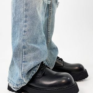 Men's Yellow Derby Shoes, Height-Increasing, Round-Toe, Oversized, British Retro Mickey Thick-Soled Leather for Trendy Commuting Style