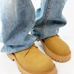 Men's Yellow Derby Shoes, Height-Increasing, Round-Toe, Oversized, British Retro Mickey Thick-Soled Leather for Trendy Commuting Style