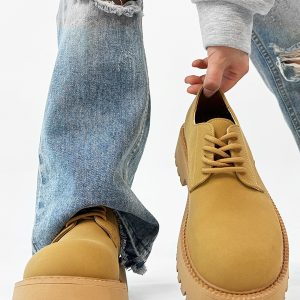 Men's Yellow Derby Shoes, Height-Increasing, Round-Toe, Oversized, British Retro Mickey Thick-Soled Leather for Trendy Commuting Style