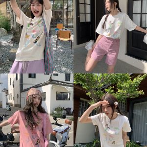 Mermaid Print Short-Sleeve T-Shirt for Women, Loose Fit Summer Top, Trendy 2025 Style, Casual Petite Fashion