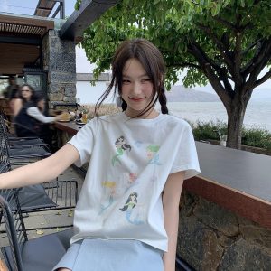 Mermaid Print Short-Sleeve T-Shirt for Women, Loose Fit Summer Top, Trendy 2025 Style, Casual Petite Fashion