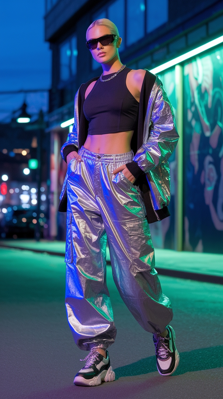 Trendy Metallic Cargo Pants Outfit for Spring outfit idea
