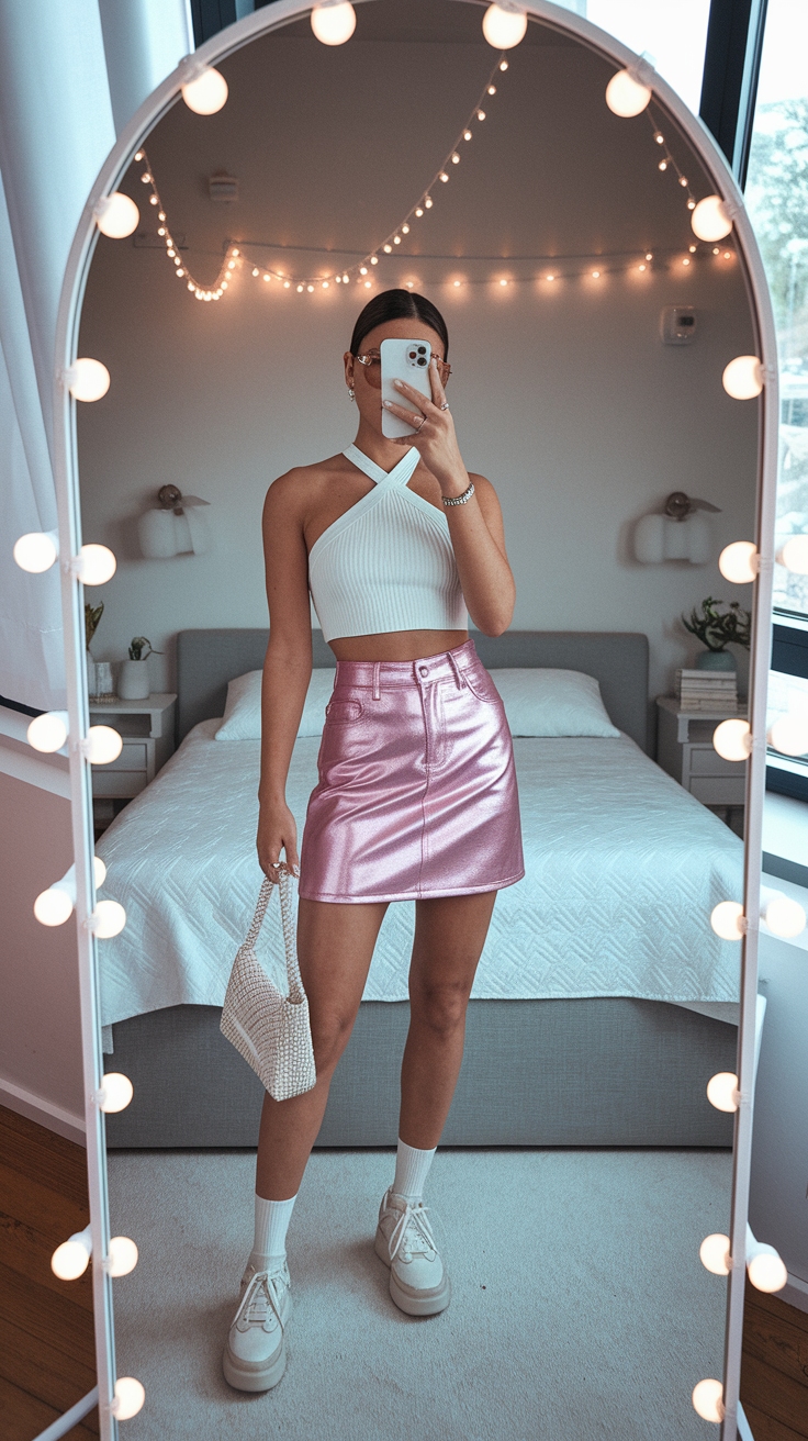 Chic Metallic Denim Skirt Outfit Ideas for Every Event outfit idea