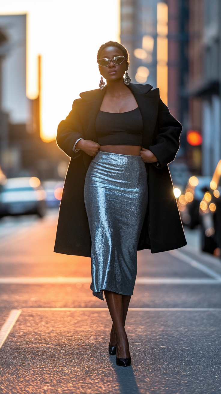 Elegant Metallic Skirt Outfit Ideas for Black Women outfit idea