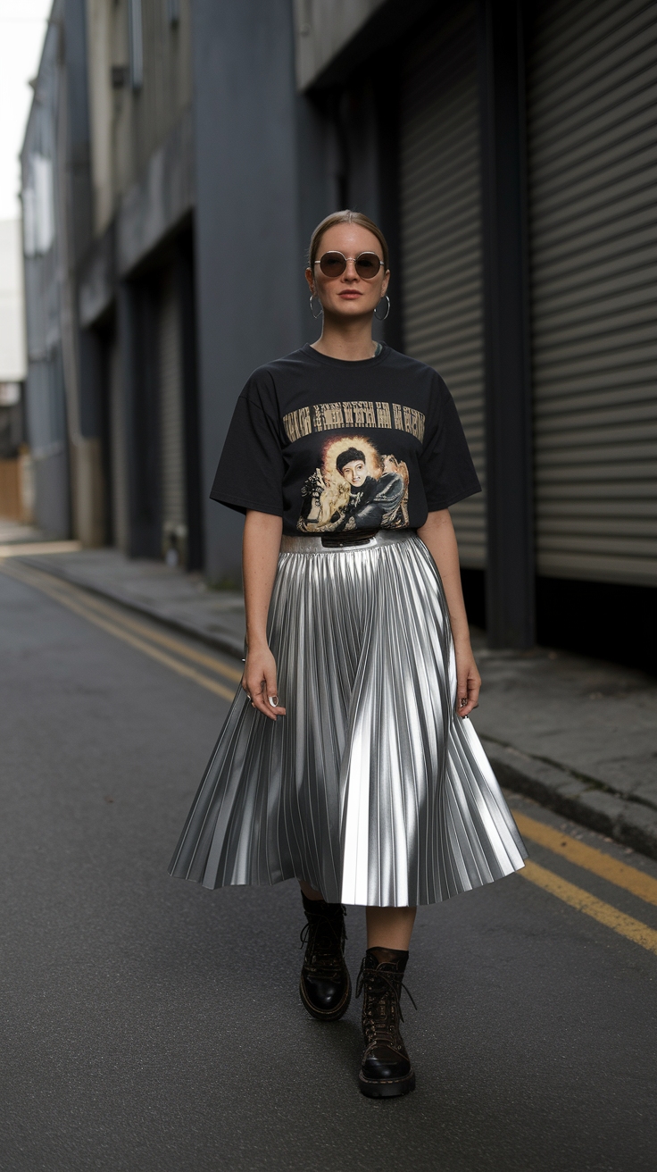 How to Style a Metallic Skirt with Graphic Tee outfit idea