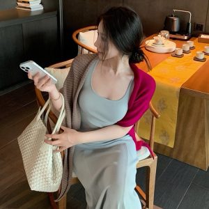 Mid-Length Color-Blocking U-Neck Sleeveless Dress Two-Piece Set - Women's Temperament Style