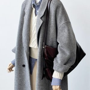 Mid-Length Gray Double-Sided Cashmere Coat for Women - 2024 Autumn Winter High-End Thick Woolen Outerwear