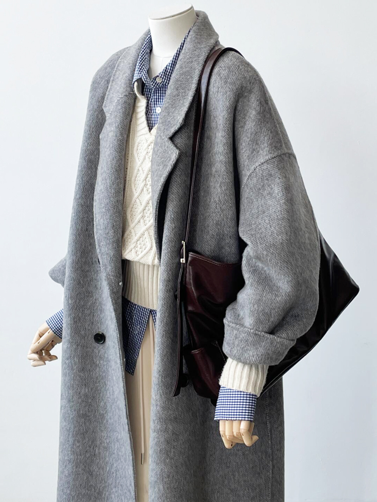 Mid-Length Gray Double-Sided Cashmere Coat for Women - 2024 Autumn Winter High-End Thick Woolen Outerwear Mid-Length Gray Double-Sided Cashmere Coat for Women - 2024 Autumn Winter High-End Thick Woolen Outerwear