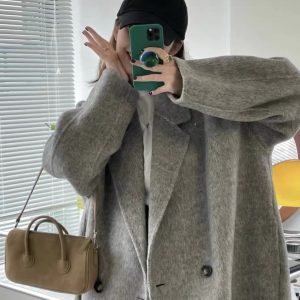 Mid-Length Gray Double-Sided Cashmere Coat for Women - 2024 Autumn Winter High-End Thick Woolen Outerwear