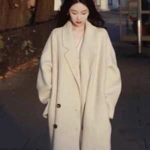 Mid-Length Gray Double-Sided Cashmere Coat for Women - 2024 Autumn Winter High-End Thick Woolen Outerwear