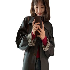 Mid-Length Khaki Plaid Trench Coat for Women - Chic Spring Autumn Outerwear for Petite Sizes - 2025 Trendy Style