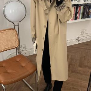 Mid-Length Khaki Plaid Trench Coat for Women - Chic Spring Autumn Outerwear for Petite Sizes - 2025 Trendy Style