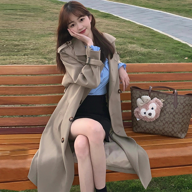 Mid-Length Khaki Trench Coat for Women, Petite, Korean Chic Casual Vintage Overcoat with Waist Definition, 2025 New Style