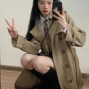 Mid-Length Khaki Trench Coat for Women, Petite, Korean Chic Casual Vintage Overcoat with Waist Definition, 2025 New Style