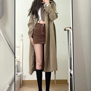 Mid-Length Khaki Trench Coat for Women, Petite, Korean Chic Casual Vintage Overcoat with Waist Definition, 2025 New Style