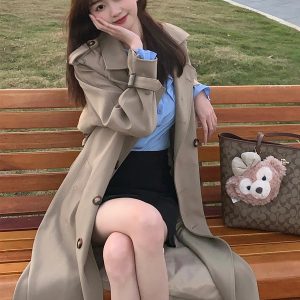 Mid-Length Khaki Trench Coat for Women, Petite, Korean Chic Casual Vintage Overcoat with Waist Definition, 2025 New Style
