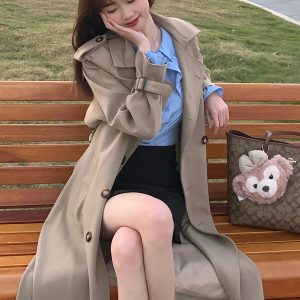Mid-Length Khaki Trench Coat for Women, Petite, Korean Chic Casual Vintage Overcoat with Waist Definition, 2025 New Style