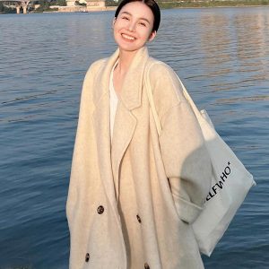 Mid-Length Oatmeal Cashmere Coat for Women, Double-Sided Thick Woolen Outerwear, Fall/Winter 2024, Petite Sizes