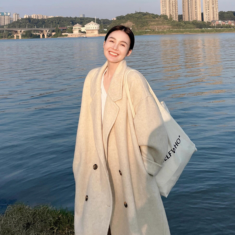 Mid-Length Oatmeal Cashmere Coat for Women, Double-Sided Thick Woolen Outerwear, Fall/Winter 2024, Petite Sizes