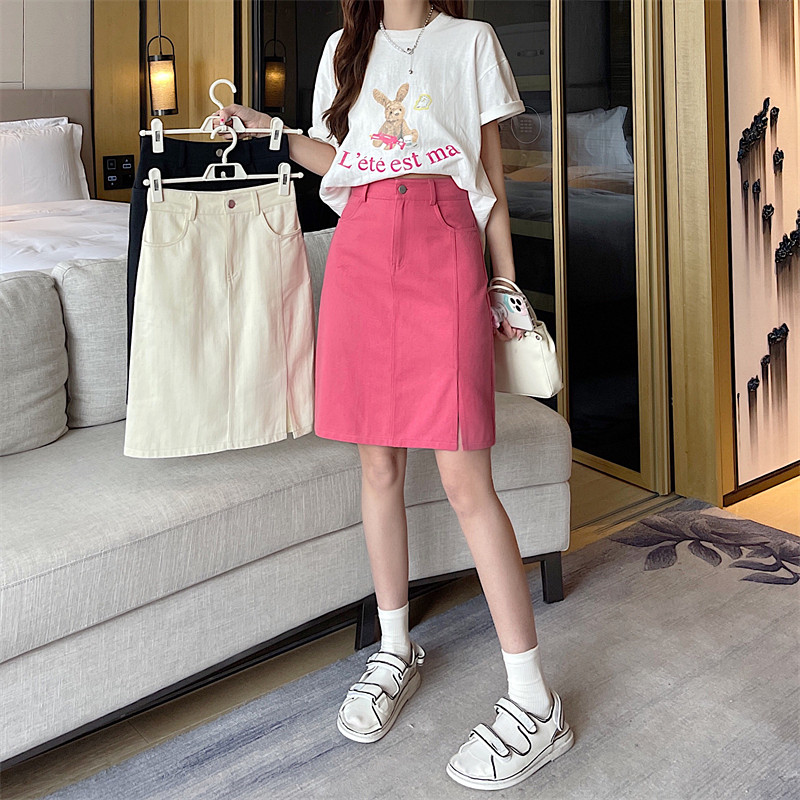 Mid-Length Pink Denim Split Skirt - Korean Style Plus Size High-Waisted A-Line Bodycon Skirt for Summer College Fashion Mid-Length Pink Denim Split Skirt - Korean Style Plus Size High-Waisted A-Line Bodycon Skirt for Summer College Fashion